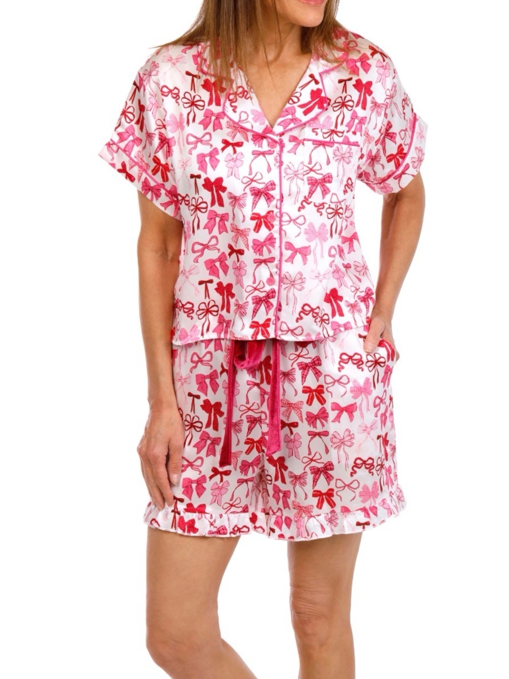 Simply Southern Women’s Pink Bow-Print Short Pajama Set, new with tags sz medium - Picture 2 of 5